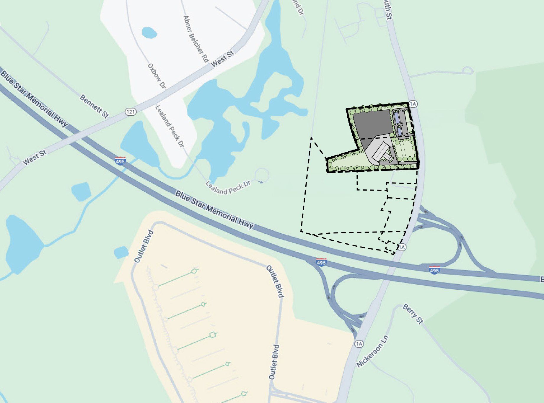 Map showing the proposed rezoning area on the west side of South Street near the Route 495 interchange